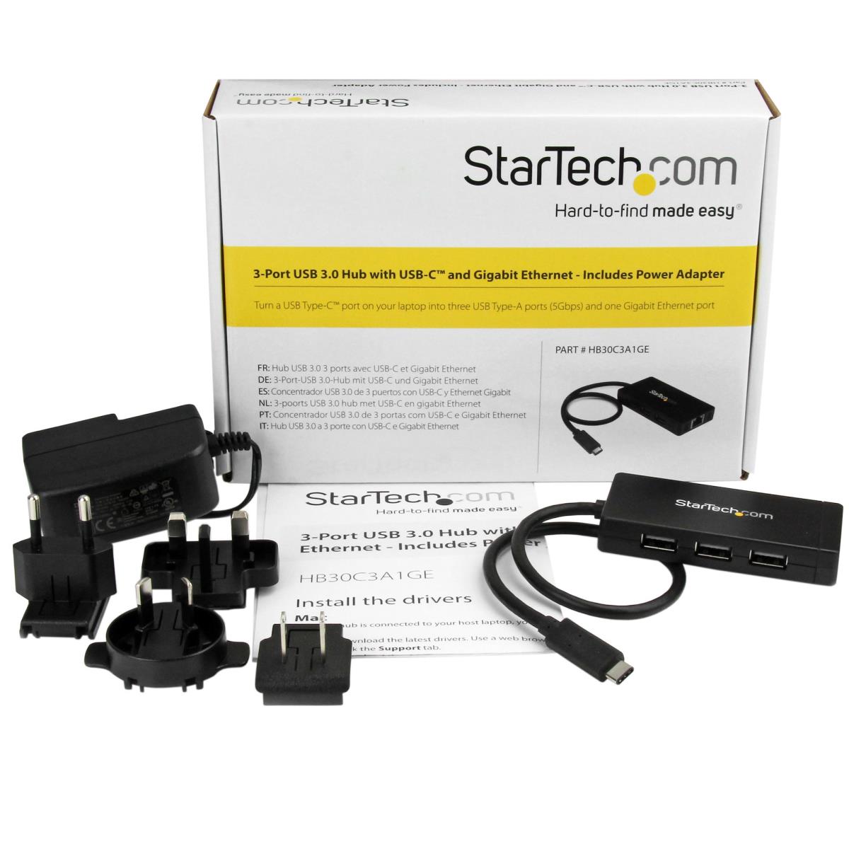 STARTECH.COM Hub Plus 3-port USB 3.0 Gigabit Ethernet - USB-C - Includes Power Adapter Black