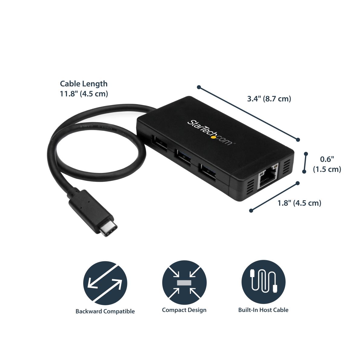 STARTECH.COM Hub Plus 3-port USB 3.0 Gigabit Ethernet - USB-C - Includes Power Adapter Black