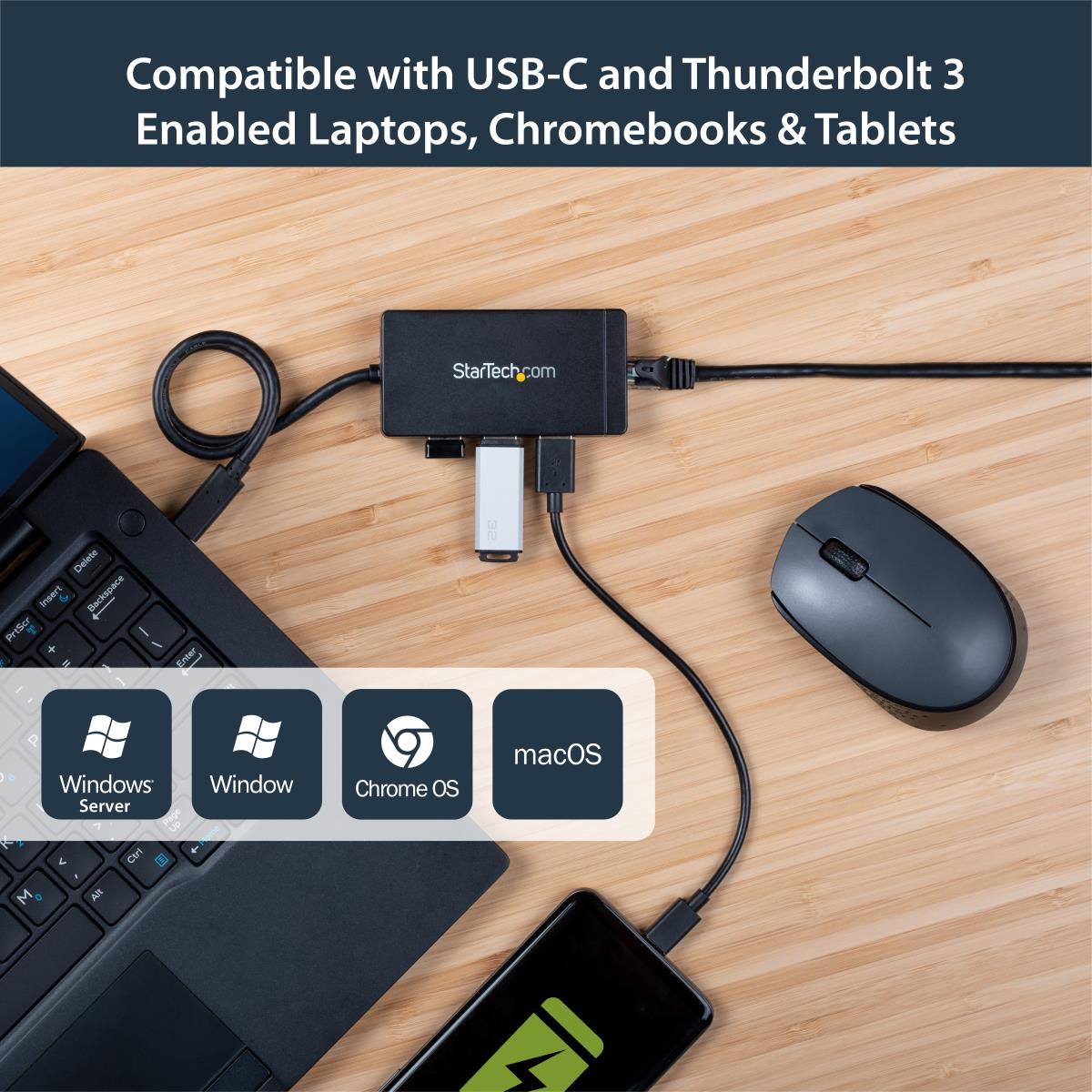 STARTECH.COM Hub Plus 3-port USB 3.0 Gigabit Ethernet - USB-C - Includes Power Adapter Black