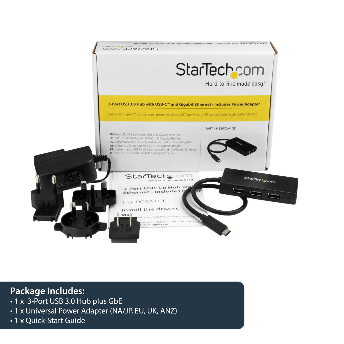 STARTECH.COM Hub Plus 3-port USB 3.0 Gigabit Ethernet - USB-C - Includes Power Adapter Black
