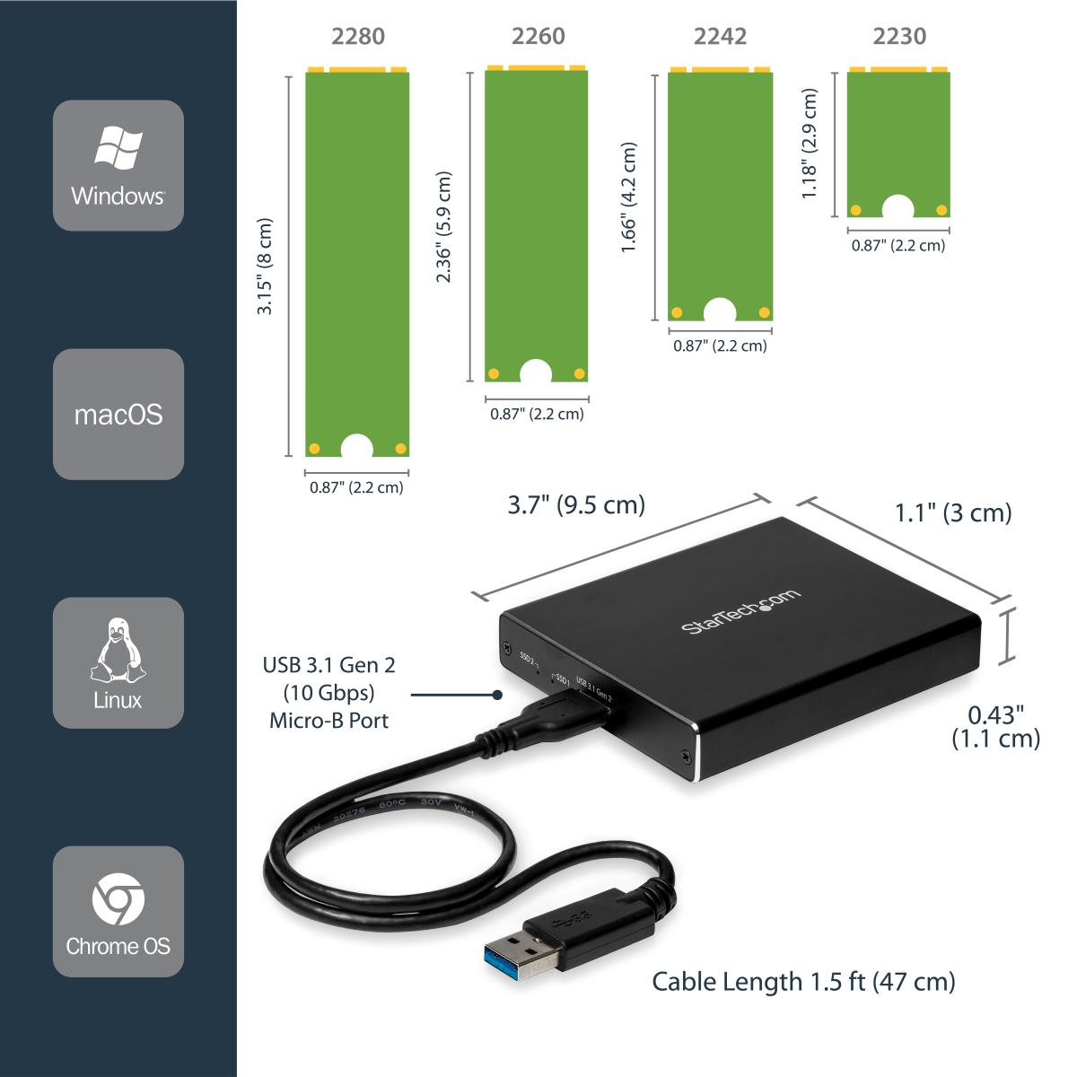 STARTECH.COM Dual Drive Enclosure M.2 SATA - Raid USB 3.1 Gen 2 USB C / USB A