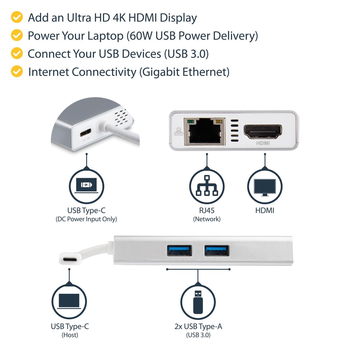 STARTECH.COM Docking Station - USB-c Multiport Adapter For Laptops - Power Delivery - 4k Hdmi - Gbe - USB 3.0 - Silver & White
