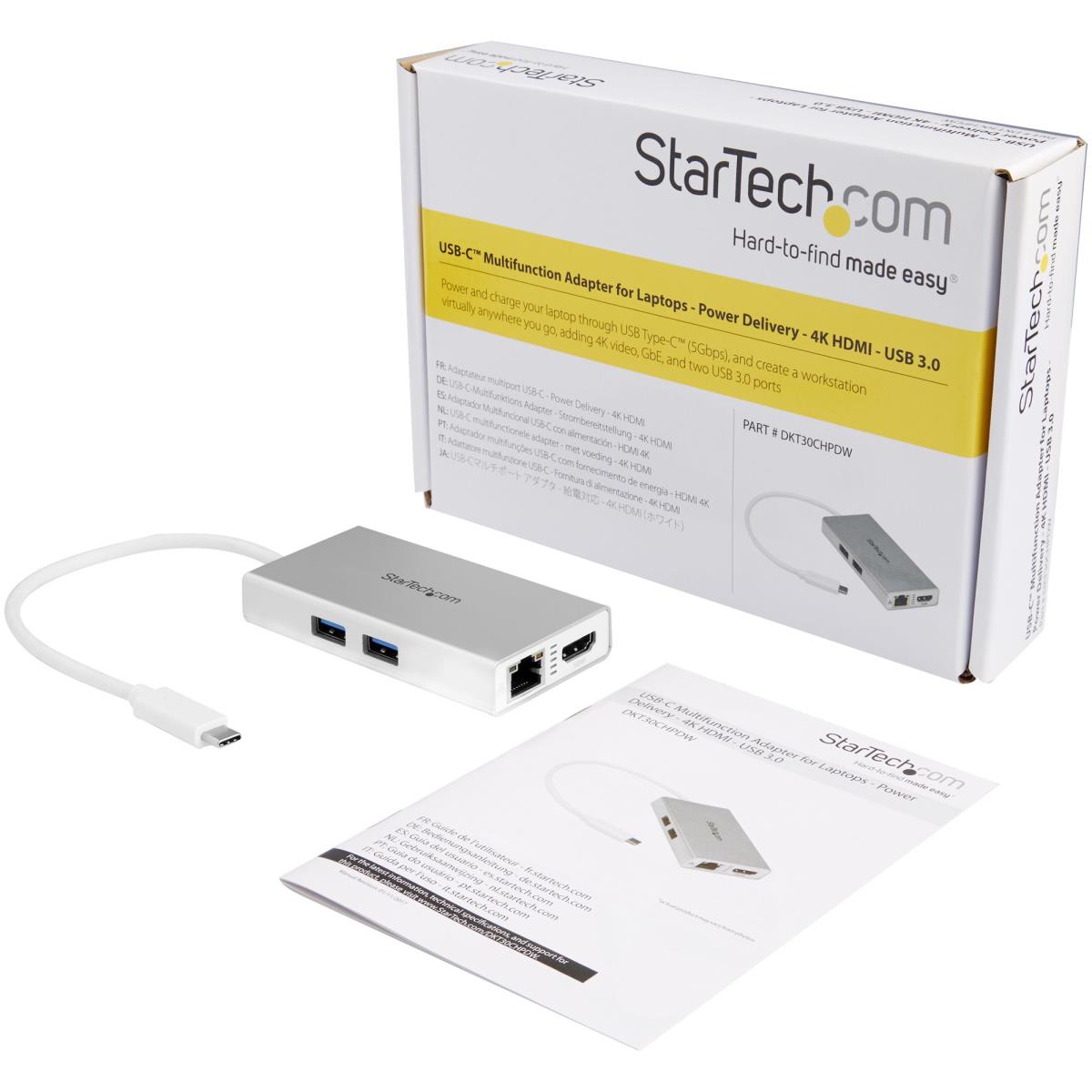 STARTECH.COM Docking Station - USB-c Multiport Adapter For Laptops - Power Delivery - 4k Hdmi - Gbe - USB 3.0 - Silver & White