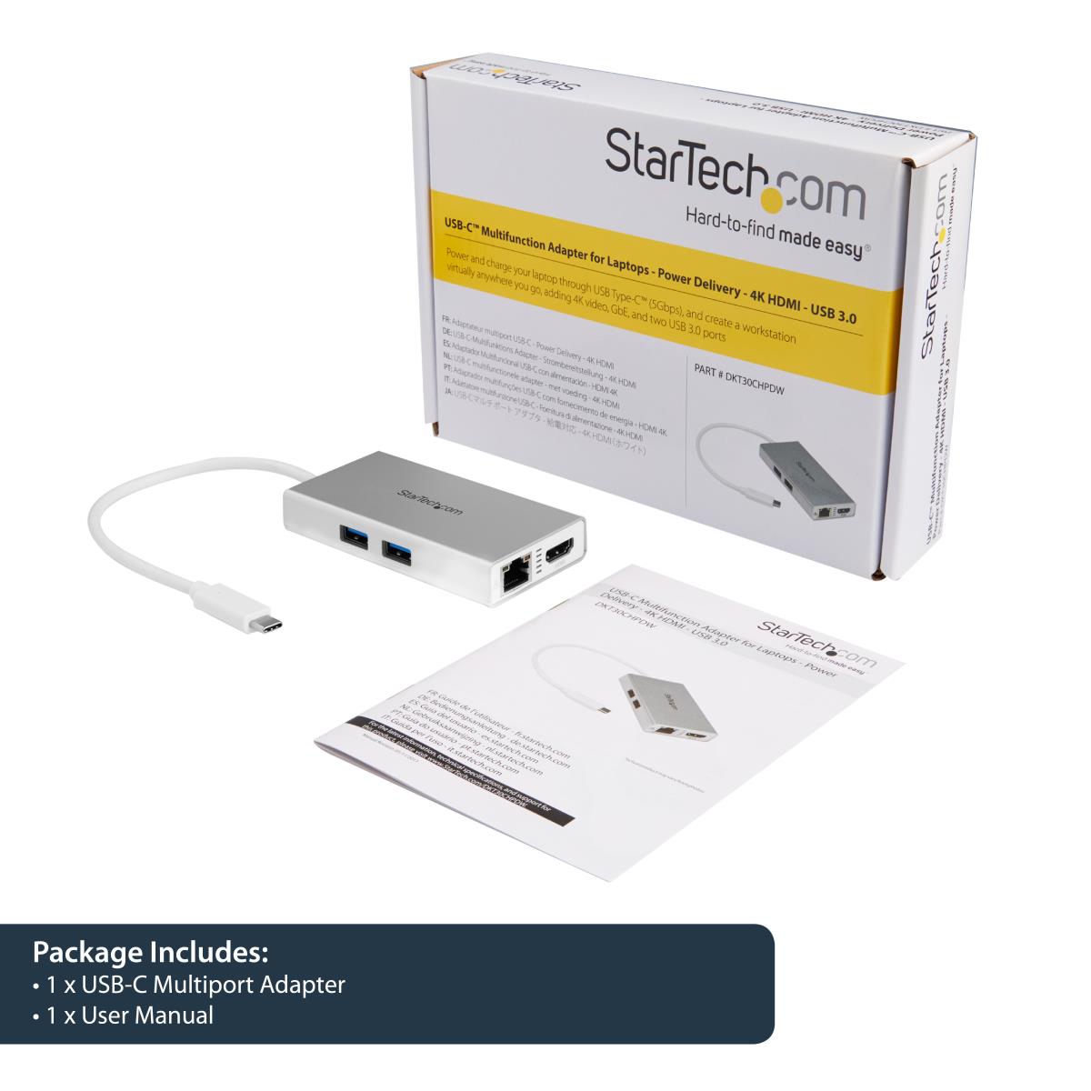 STARTECH.COM Docking Station - USB-c Multiport Adapter For Laptops - Power Delivery - 4k Hdmi - Gbe - USB 3.0 - Silver & White