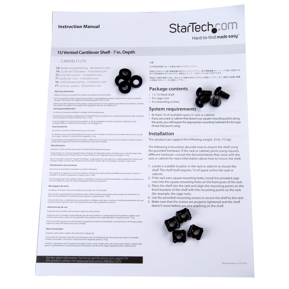 STARTECH.COM Vented 1u Rack Shelf - 7in 177.8 Mm Deep 1u Shelf - Vented