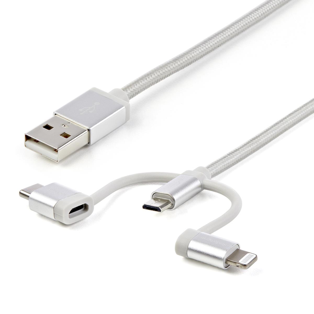 STARTECH.COM Braided Multi-charger Cable - USB-a To Lightning/ USB-c/micro-b - Silver Grey - 1m