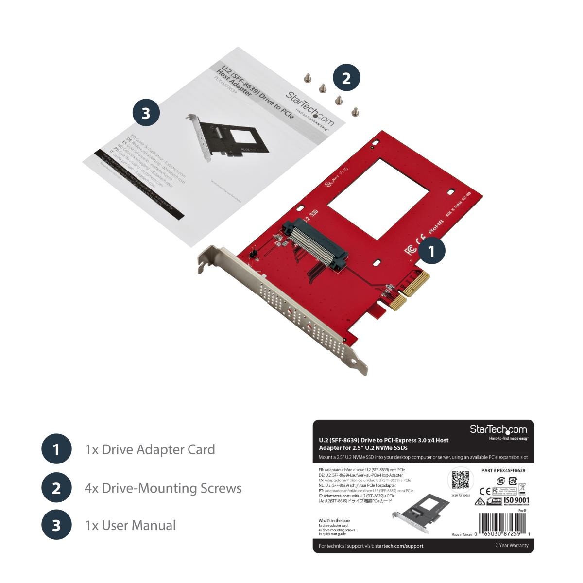 STARTECH.COM U.2 To Pci-e Adapter For 2.5in U.2 Nvme SSD - Sff-8639 - X4 Pci-e 3.0