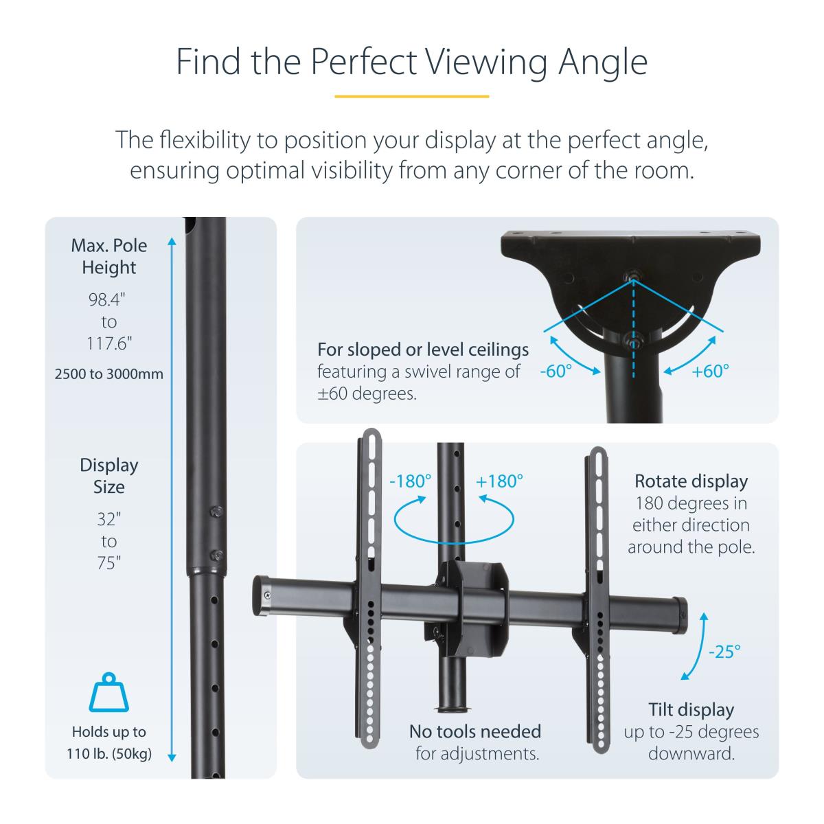 STARTECH.COM High Ceiling Tv Mount-32-70in 8.2 To 9.8ft Long Pole