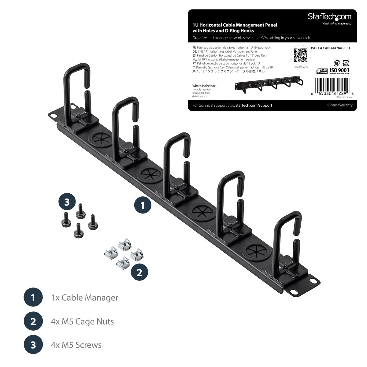 STARTECH.COM Cable Manager - Cable Organizer D-ring Hooks - Holes - 1u