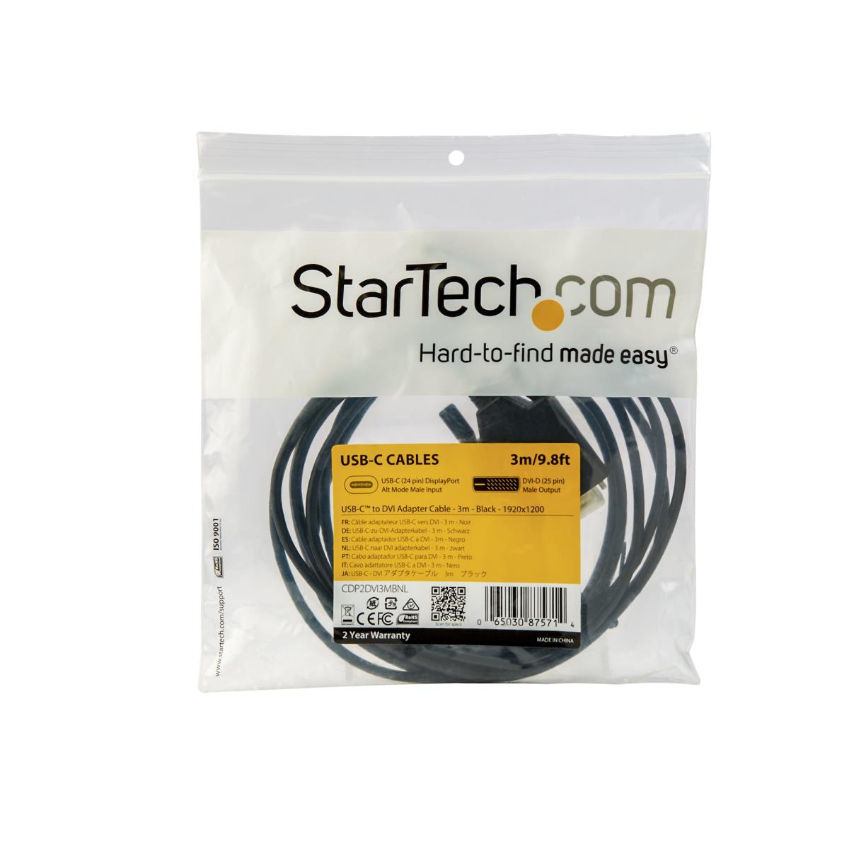 STARTECH.COM USB-c To DVI Cable - 1920 X 1200 - Black 3m
