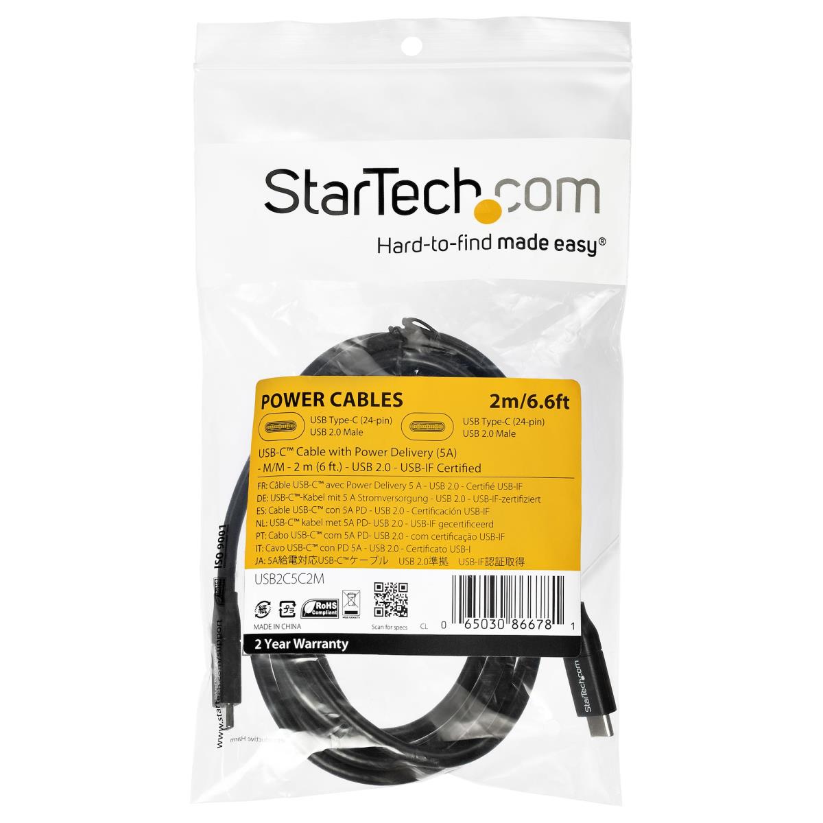 STARTECH.COM USB-c To USB-c Cable W/ 5a Pd - M/m USB 2.0 - USB-if Certified - 2m