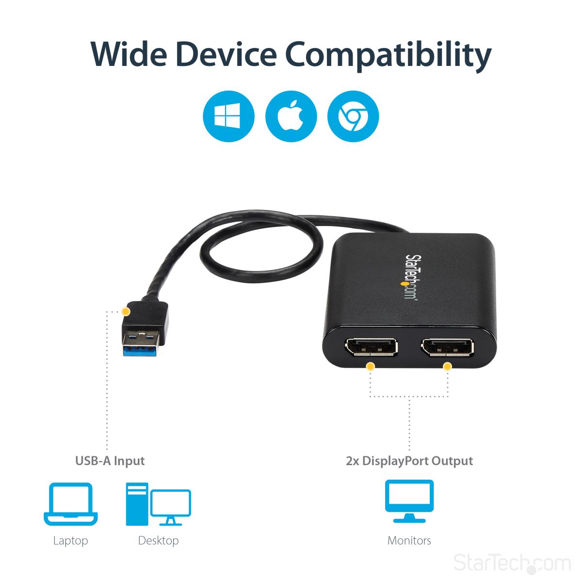 STARTECH.COM USB To Dual DisplayPort Adapter - 4k 60hz - USB 3.0 (5gbps)