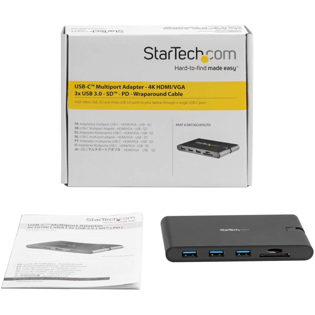 STARTECH.COM Docking Station - USB-c Multiport Adapter With Hdmi And Vga - 3x USB 3.0 - Sd - Pd 3.0 - Wraparound Cable