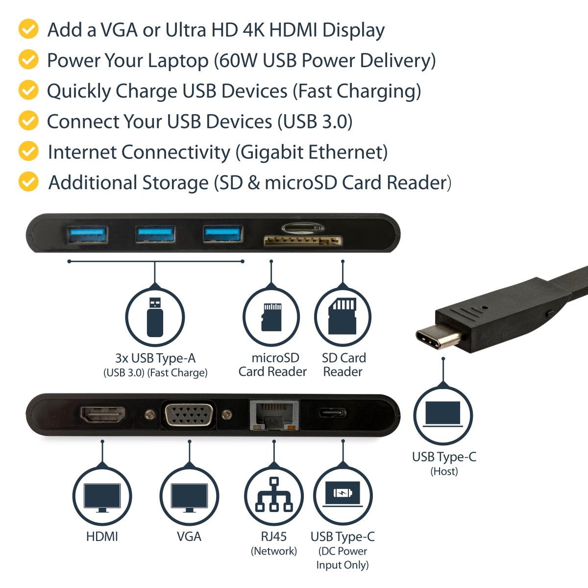 STARTECH.COM Docking Station - USB-c Multiport Adapter With Hdmi And Vga - 3x USB 3.0 - Sd - Pd 3.0 - Wraparound Cable
