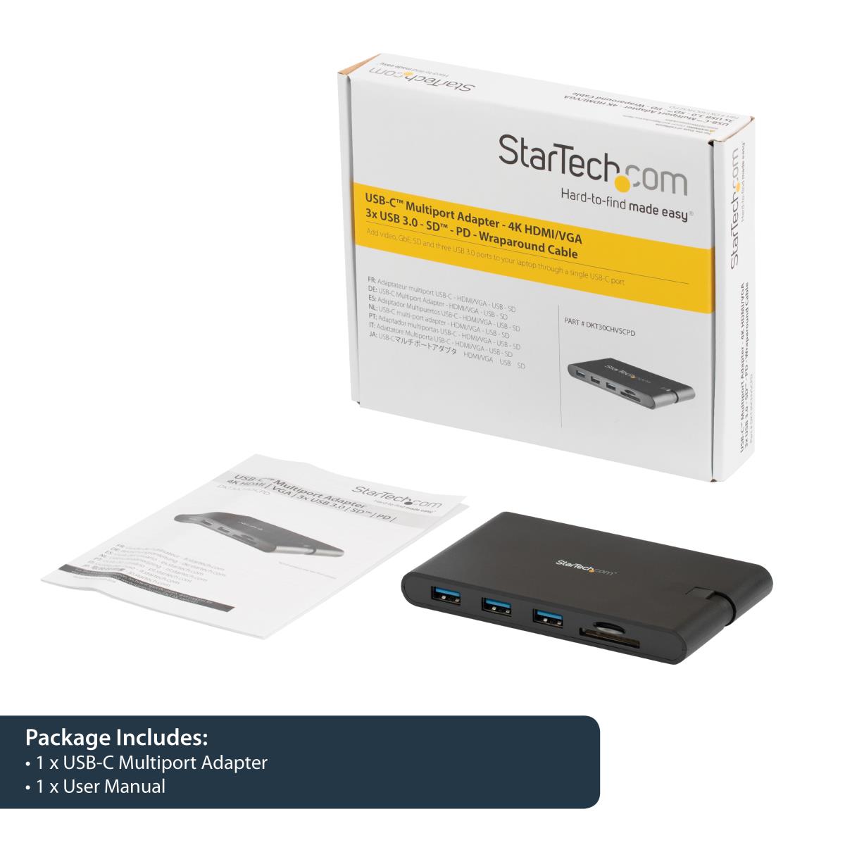 STARTECH.COM Docking Station - USB-c Multiport Adapter With Hdmi And Vga - 3x USB 3.0 - Sd - Pd 3.0 - Wraparound Cable