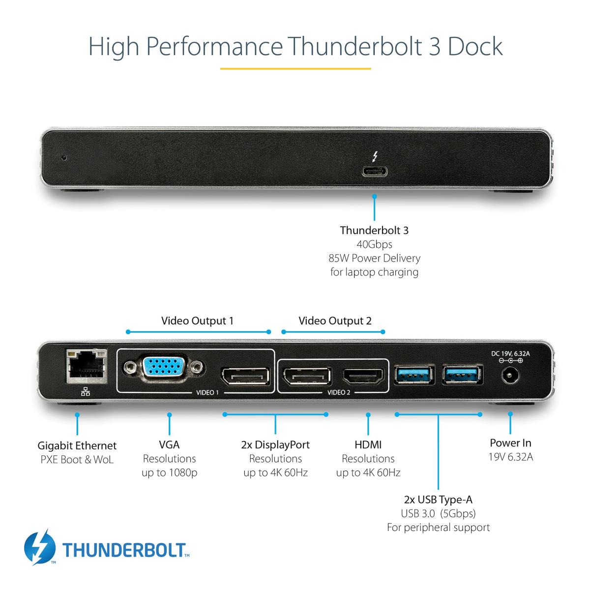 STARTECH.COM Dock - Thunderbolt 3 Mac & Windows - Dual 4k 60hz - 85w Power Delivery