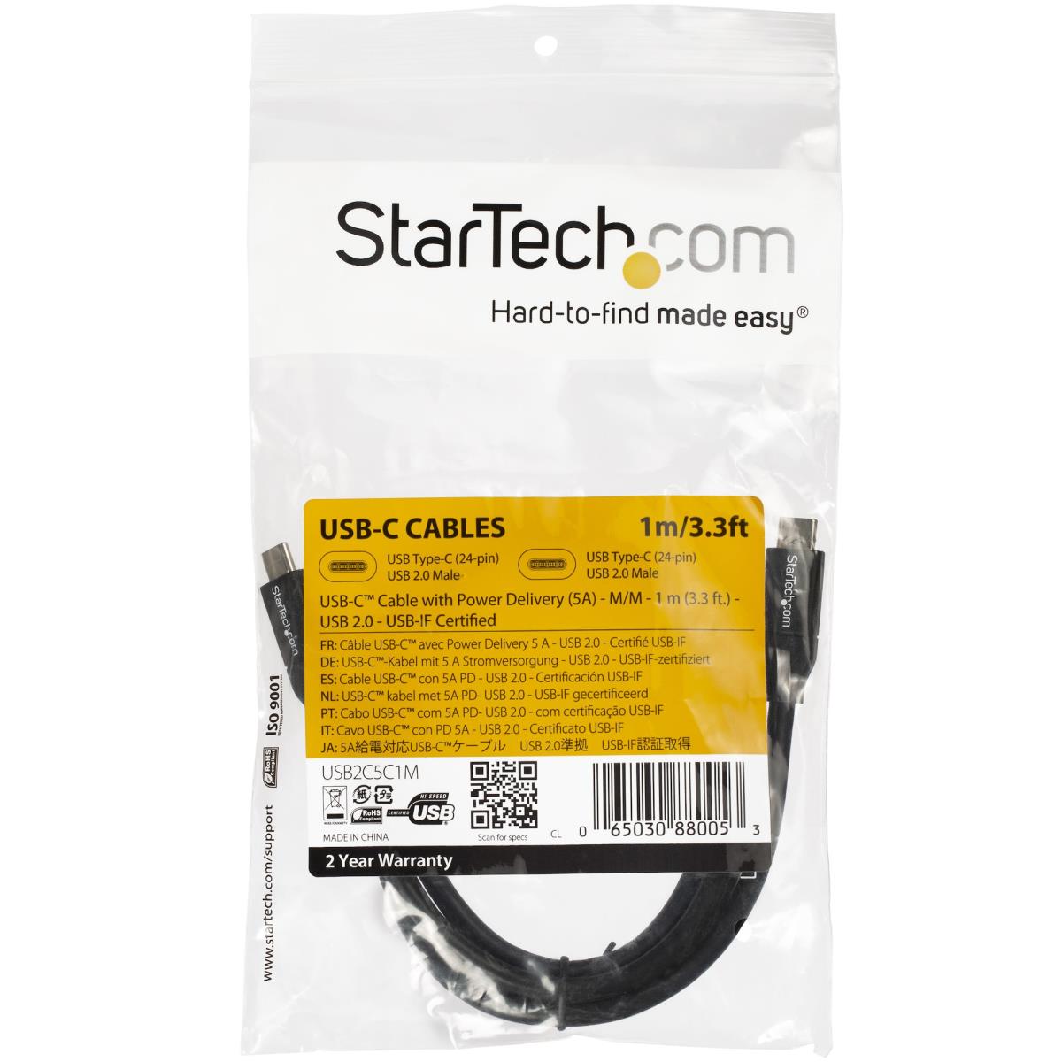 STARTECH.COM USB-c To USB-c Cable W/ 5a Pd - M/m USB 2.0 - USB-if Certified - 1m