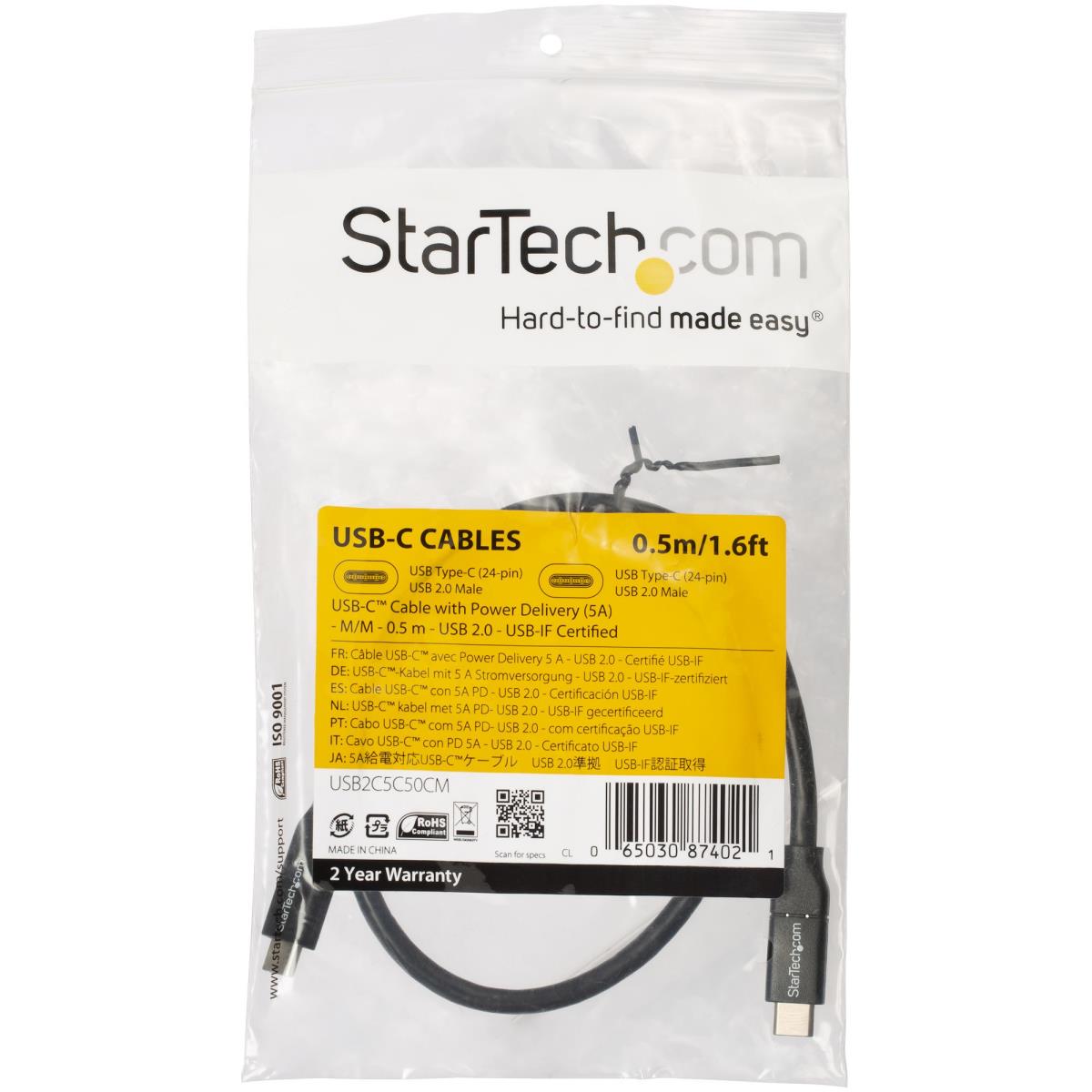 STARTECH.COM USB-c To USB-c Cable W/ 5a Pd - M/m USB 2.0 - USB-if Certified - 0.5m