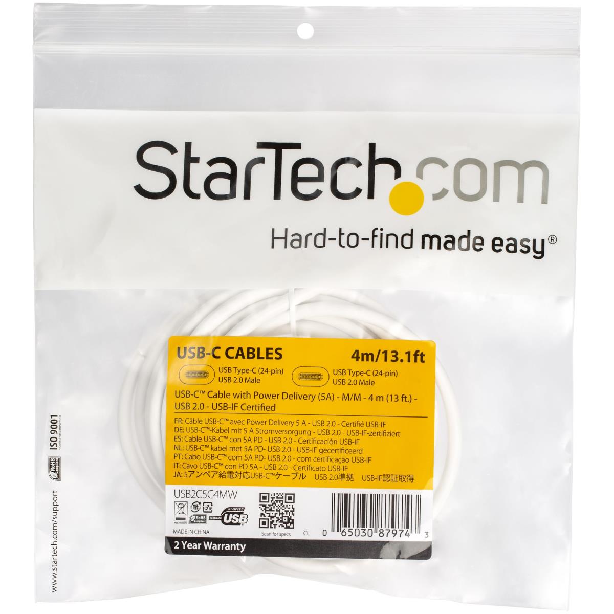 STARTECH.COM USB-c To USB-c Cable W/ 5a Pd - M/m USB 2.0 - USB-if Certified - 4m White