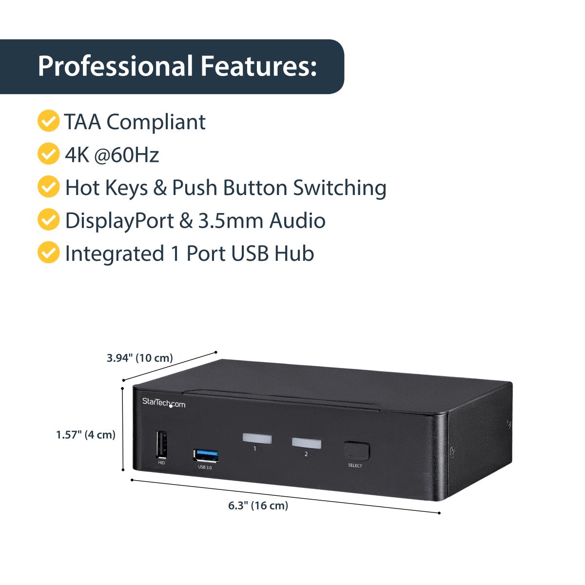 STARTECH.COM KVM Switch - 2 Port DisplayPort  - 4k60hz - USB 3.0 Hub