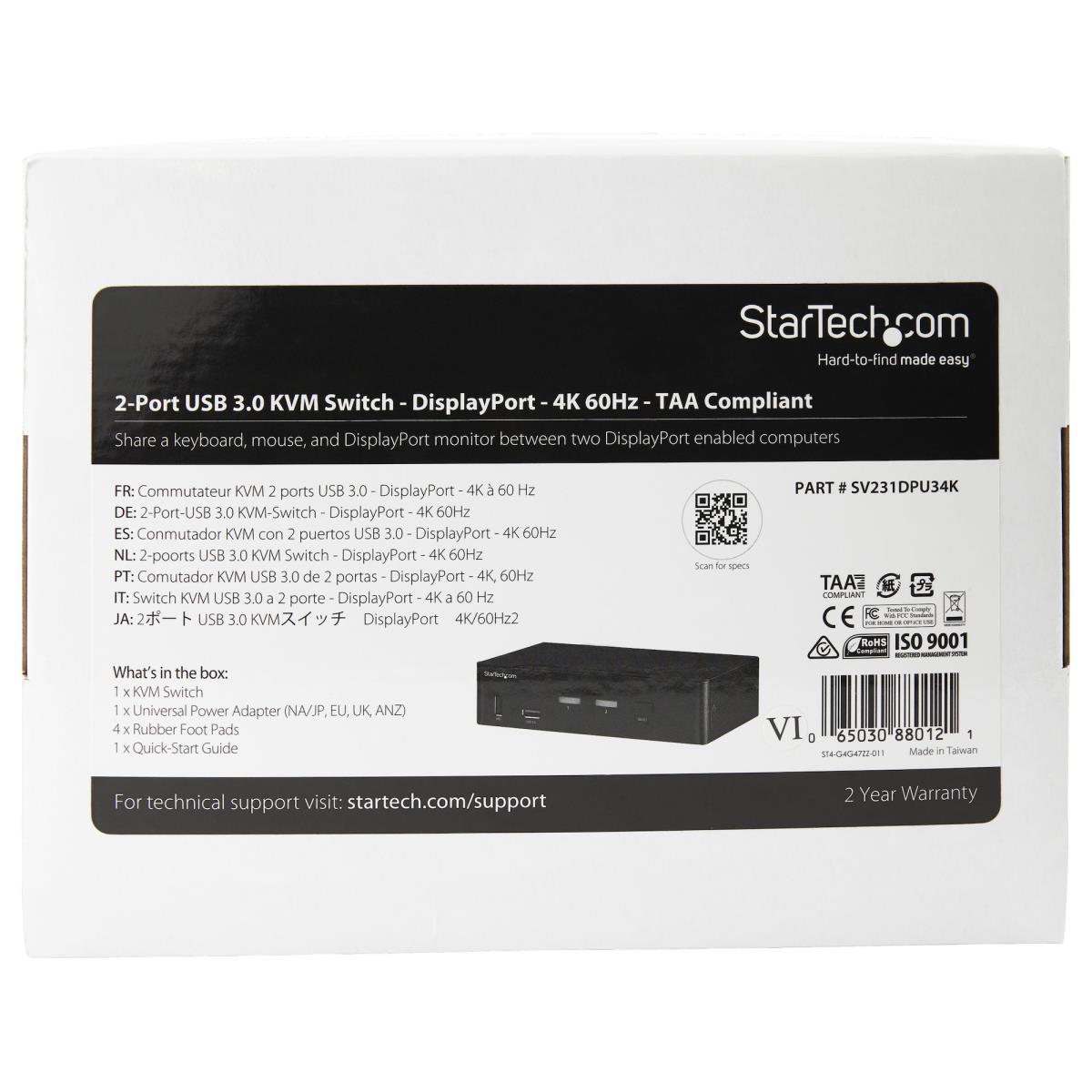 STARTECH.COM KVM Switch - 2 Port DisplayPort  - 4k60hz - USB 3.0 Hub