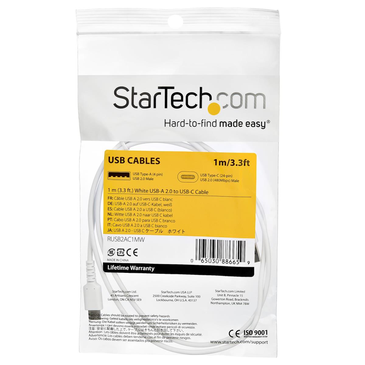 STARTECH.COM Durable USB 2.0 To USB C Cable - Aramid Fiber - 1m White