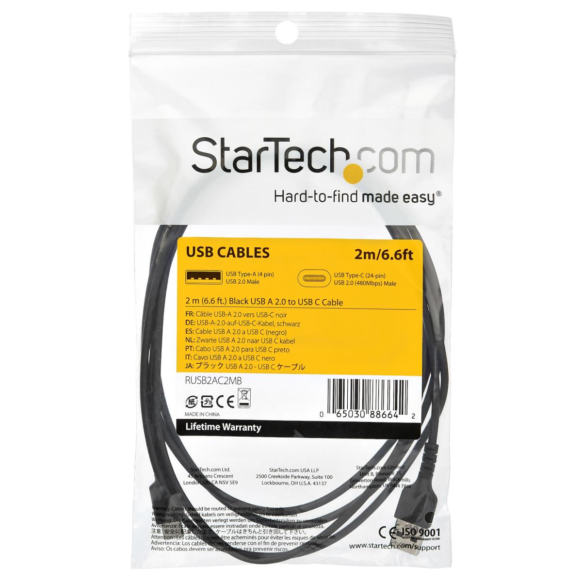 STARTECH.COM Durable USB 2.0 To USB C Cable - Aramid Fiber - 2m Black