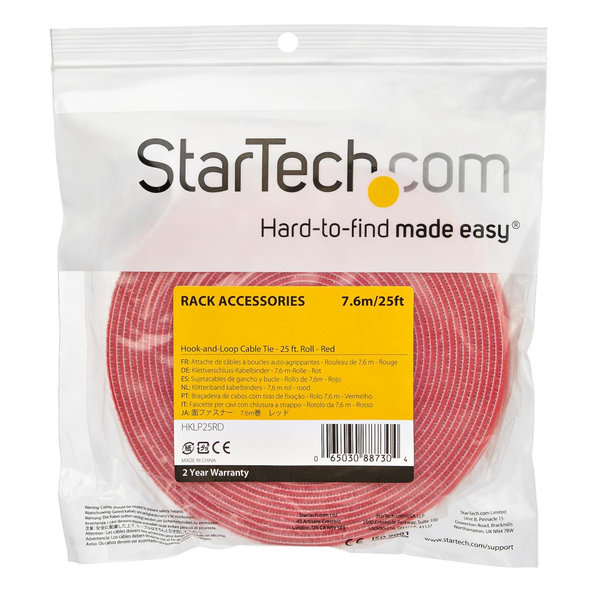 STARTECH.COM Hook And Loop Roll - Resuable - Red - 25ft