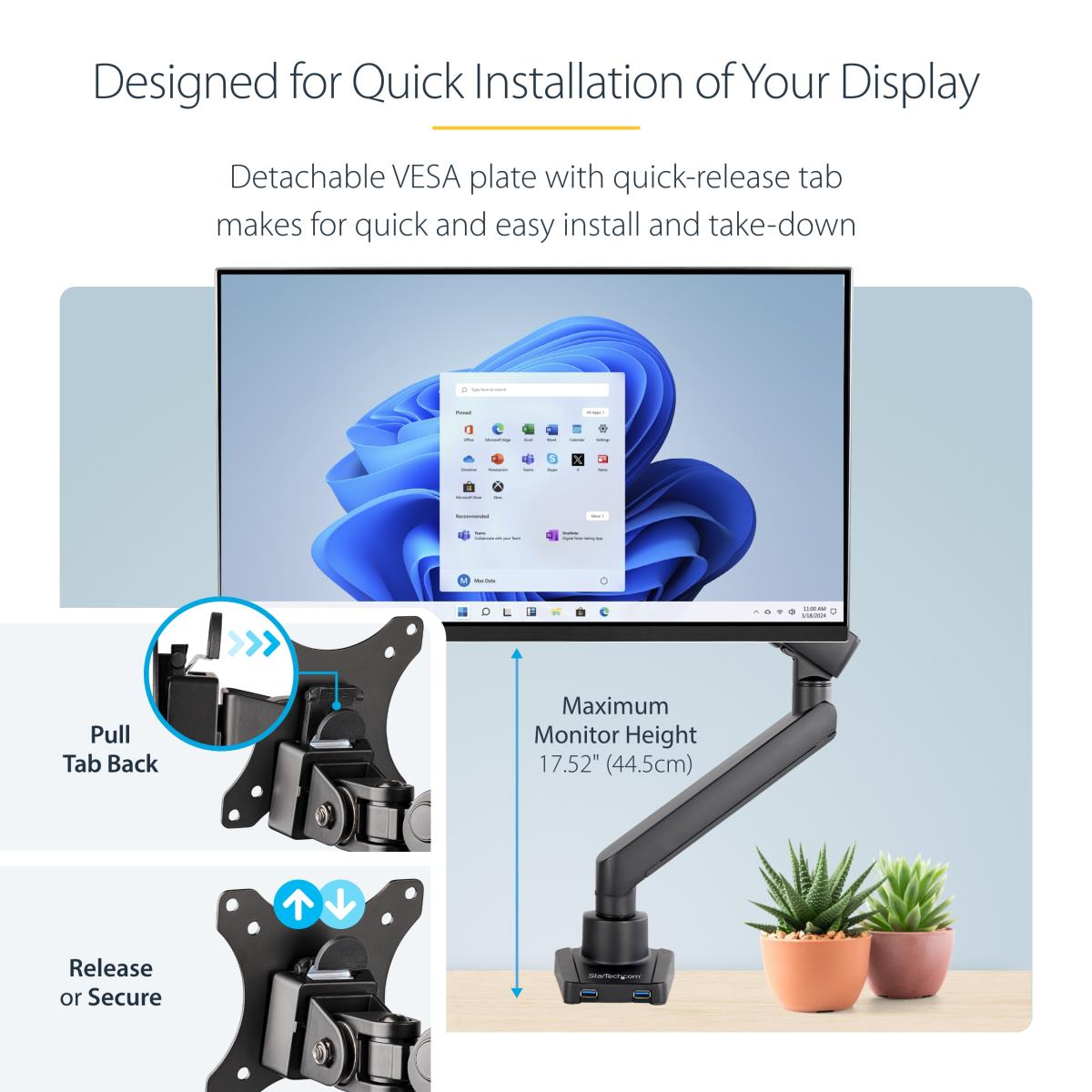 STARTECH.COM Single Desk Mount Monitor Arm 2 Built-in USB 3.0 Ports - Vesa