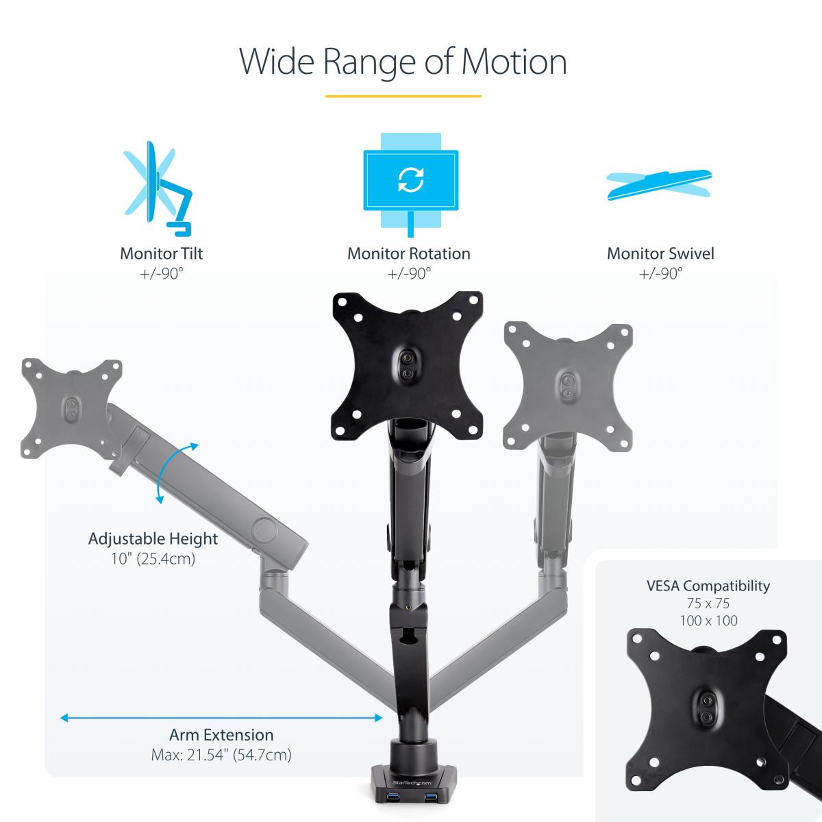 STARTECH.COM Single Desk Mount Monitor Arm 2 Built-in USB 3.0 Ports - Vesa