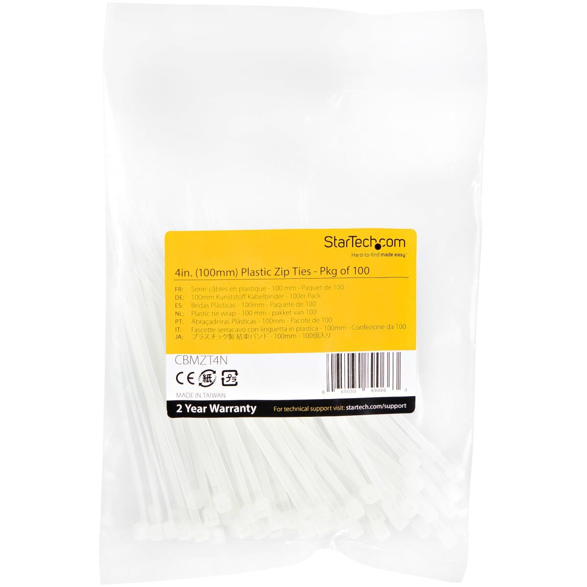 STARTECH.COM Cable Ties -white Nylon Zip Tie Wraps Ul Taa 100 Pack 4in