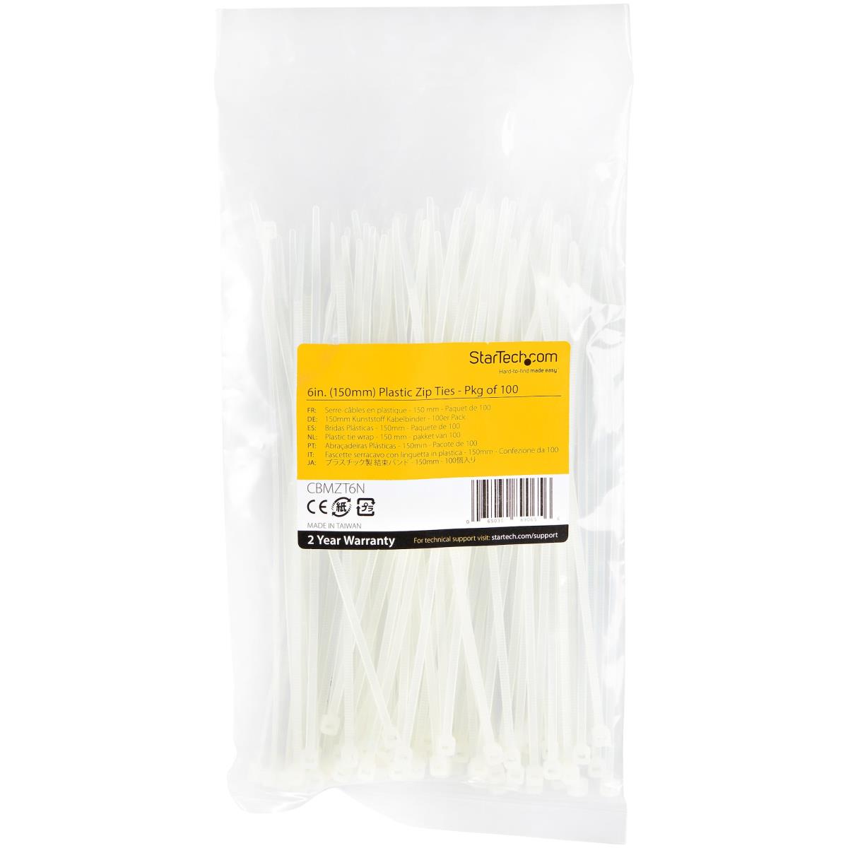 STARTECH.COM Cable Ties -white Nylon Zip Tie Wraps Ul Taa 100 Pack 6in