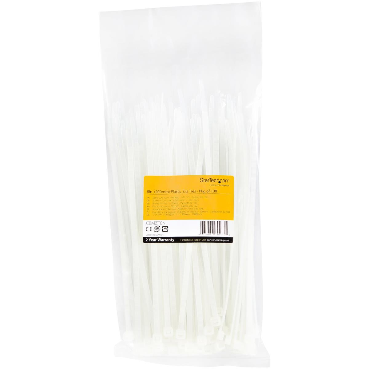 STARTECH.COM Cable Ties -white Nylon Zip Tie Wraps Ul Taa 100 Pack 8in