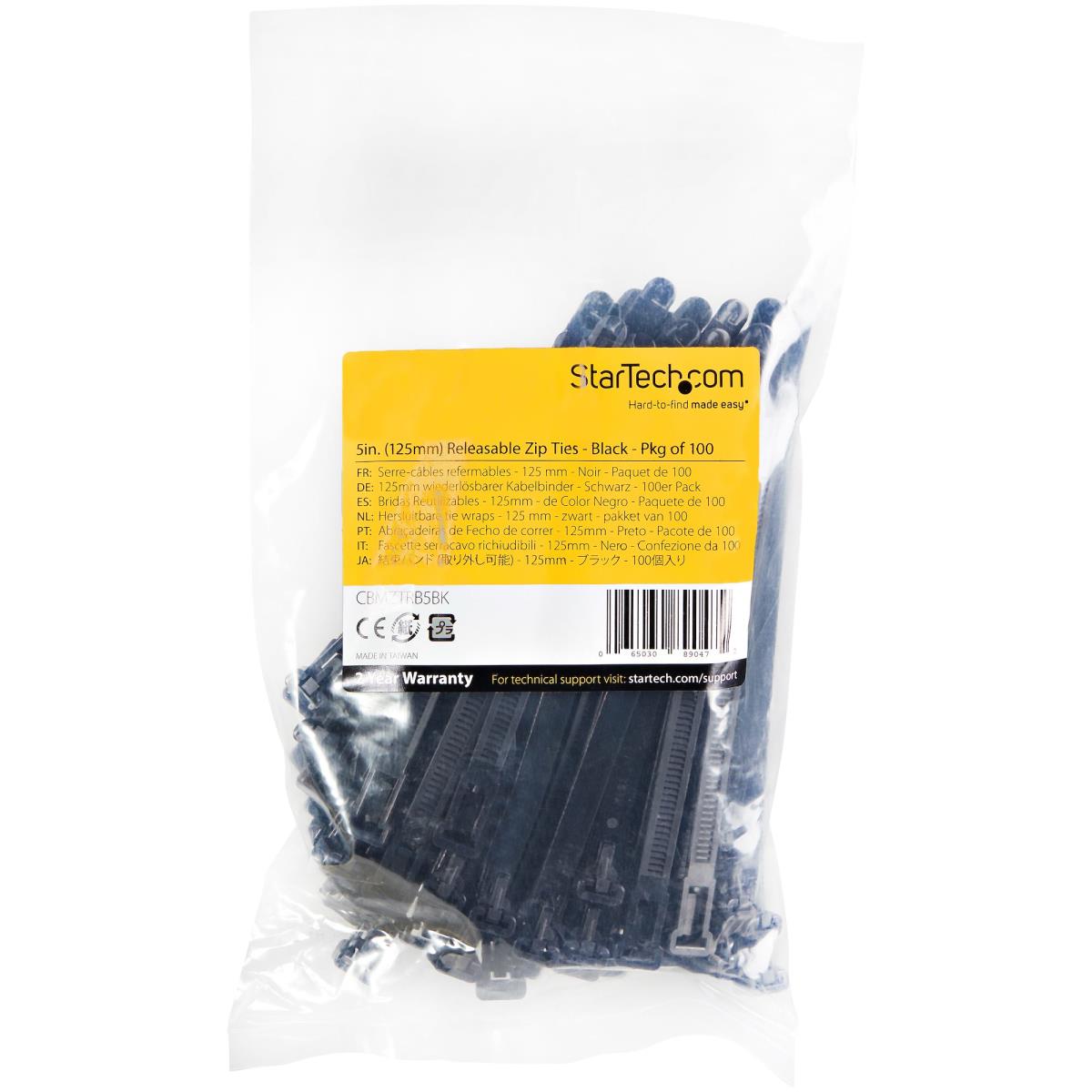 STARTECH.COM Resealable Zip Tie 5in Black 100 Pack