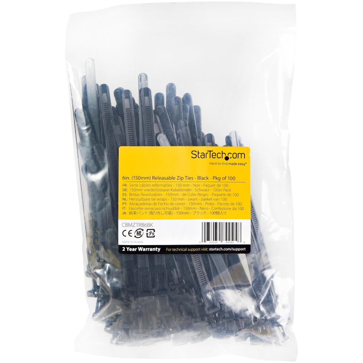 STARTECH.COM Resealable Zip Tie 6in Black 100 Pack