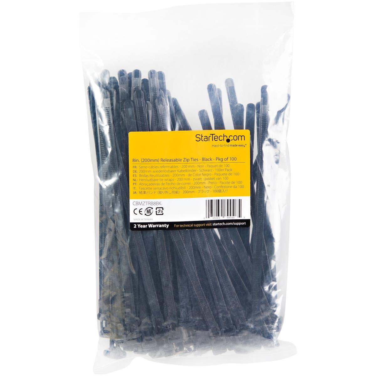 STARTECH.COM Resealable Zip Ties 8in Black 100 Pk