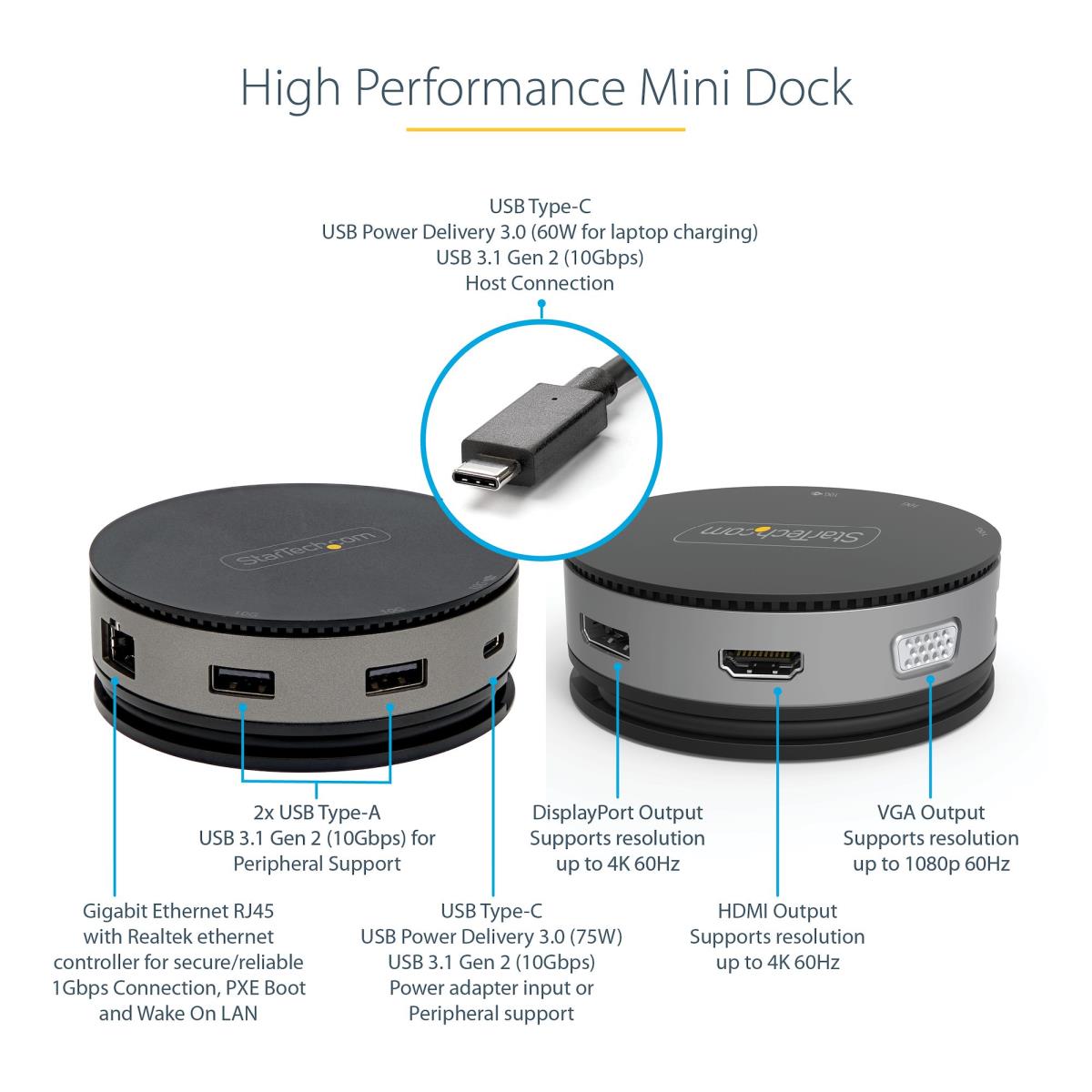 STARTECH.COM USB-c Multiport Adapter - USB Type-c 10gbps Mini Dock 4k 60hz Hdmi/DisplayPort/1080p Vga - 75w Pd Passthrough, USB Hub & Gbe