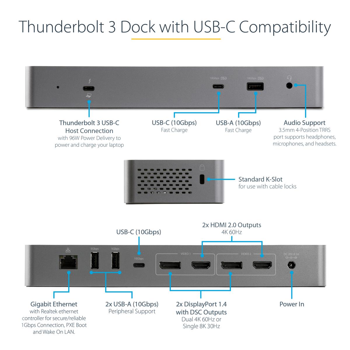 STARTECH.COM Laptop Docking Station - Thunderbolt 3 Dock W/ USB-c Host Compatibility - Dual 4k 60hz DisplayPort 1.4 Or Dual Hdmi Monitors
