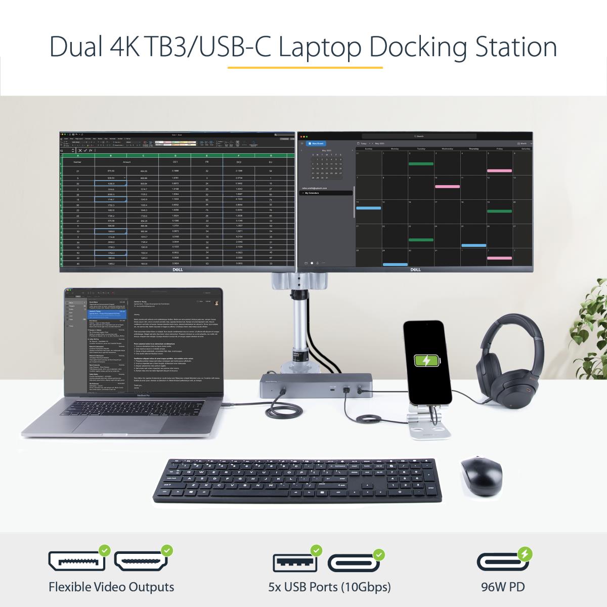 STARTECH.COM Laptop Docking Station - Thunderbolt 3 Dock W/ USB-c Host Compatibility - Dual 4k 60hz DisplayPort 1.4 Or Dual Hdmi Monitors