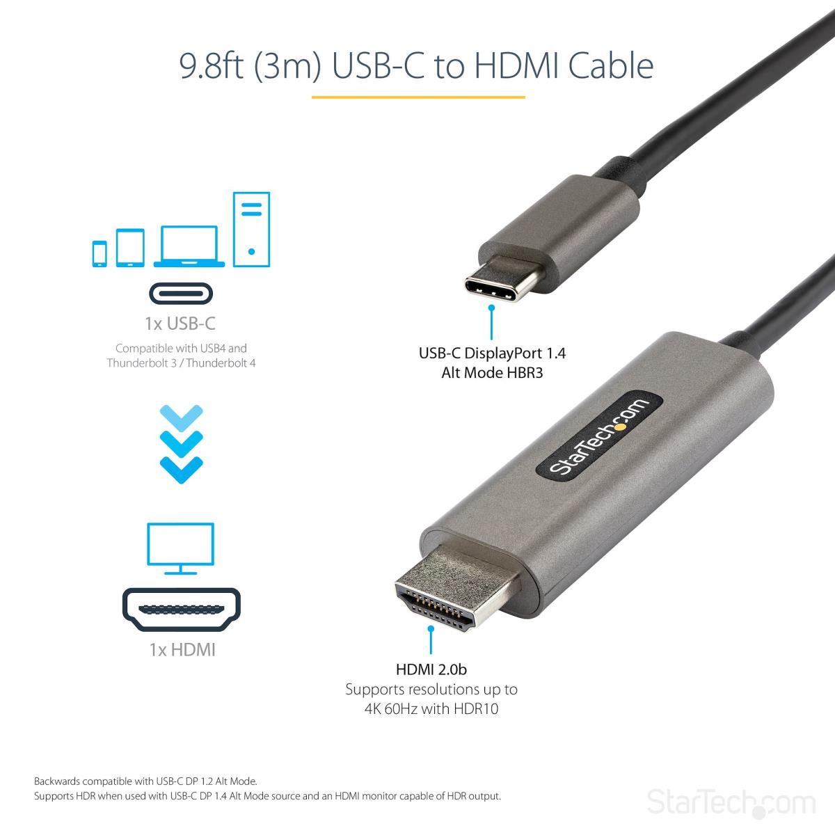STARTECH.COM USB C To Hdmi Cable 4k 60hz With Hdr10 - USB-c To Hdmi Moniter 3m