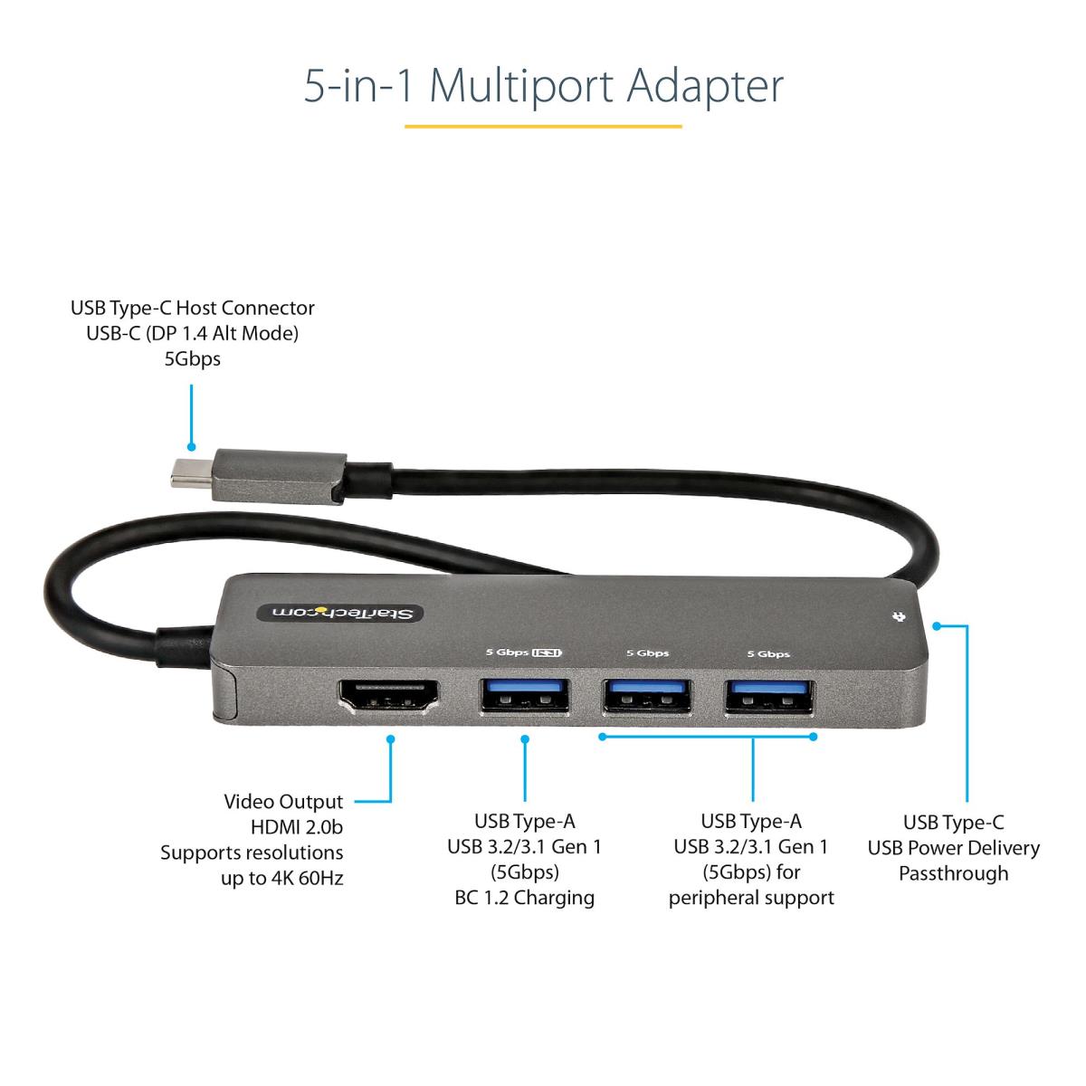 STARTECH.COM USB C Multiport Adapter Hdmi 4k 60hz/100w Pd/4xUSB