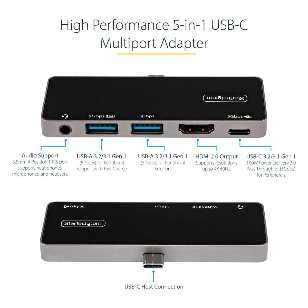 STARTECH.COM USB C Multiport Adapter - USB-c To 4k 60hz Hdmi 2.0, - 3-port USB 3.0 Hub, Audio - USB-c Mini Dock