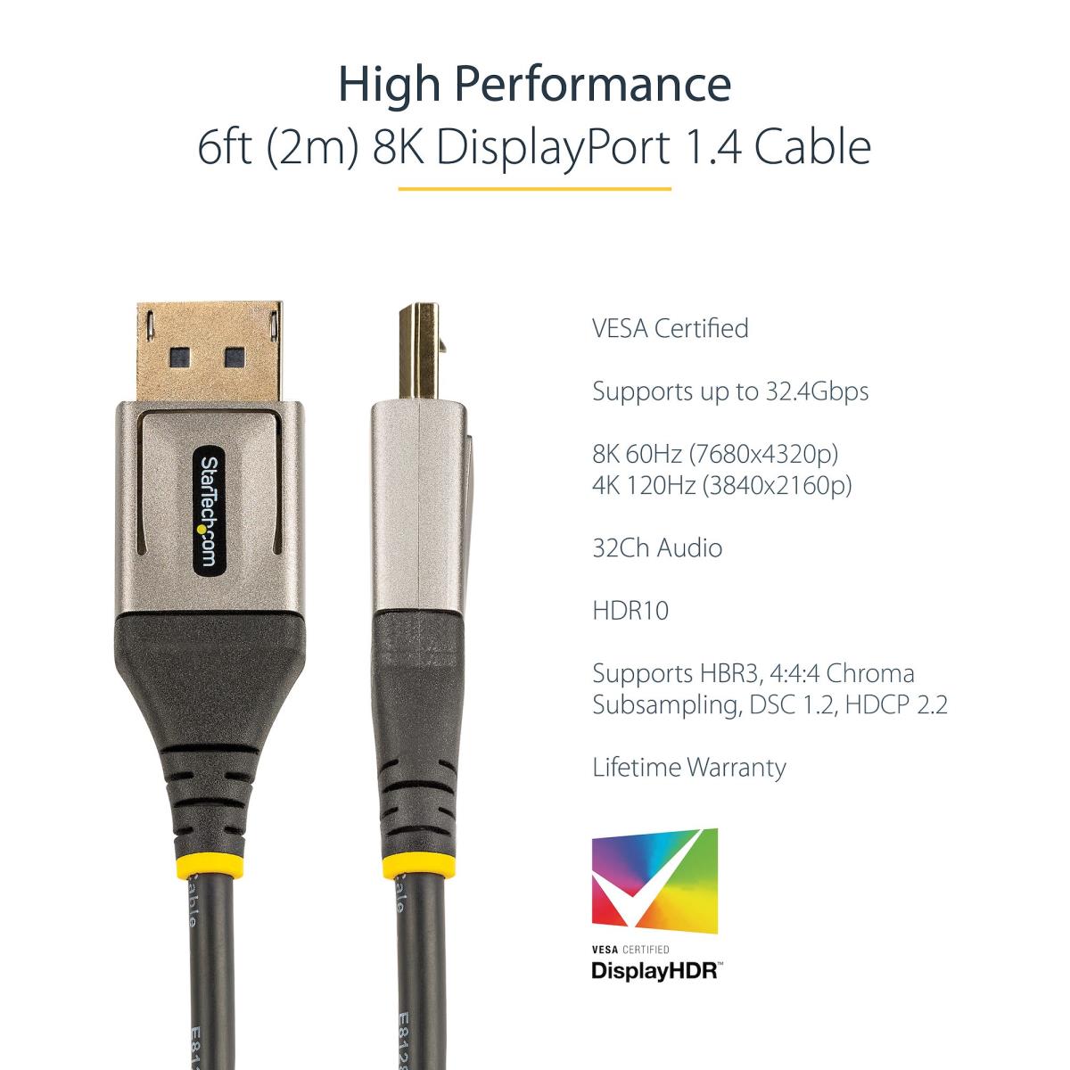 STARTECH.COM DisplayPort To DisplayPort Cable - M/ M - Vesa Certified DisplayPort 1.4 Cable - 8k 60hz Hdr10 - 2m