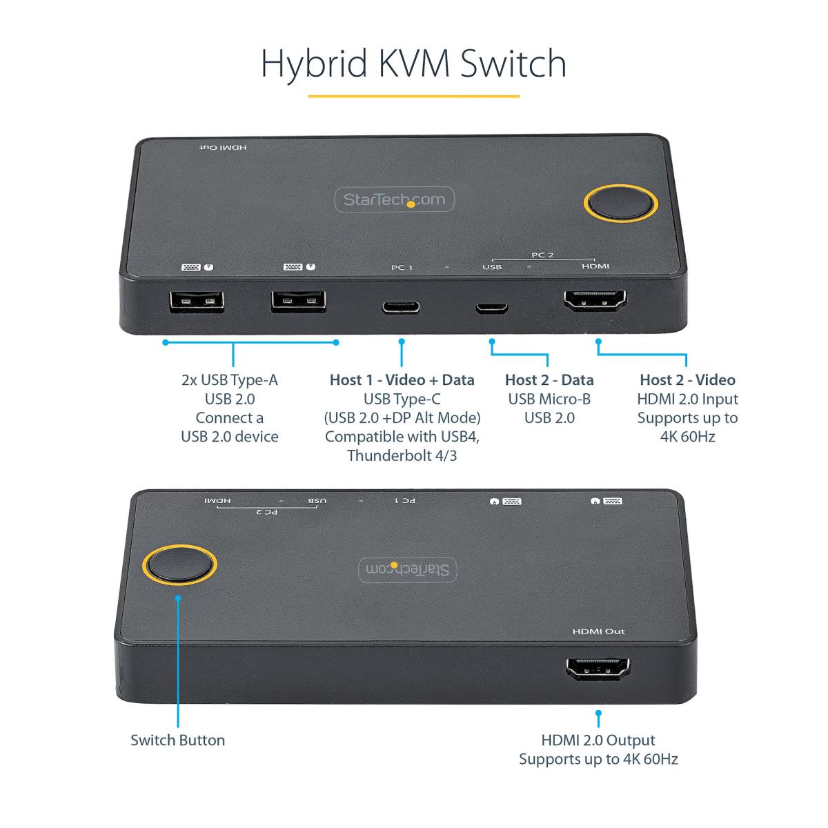 STARTECH.COM KVM Switch - 2 Port USB-a/hdmi / USB-c - 4k 60hz Hdmi 2.0