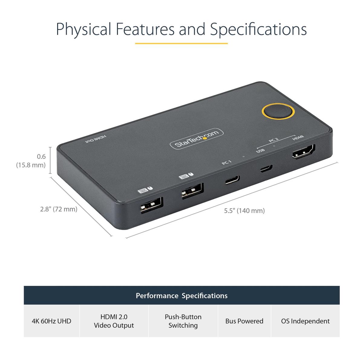 STARTECH.COM KVM Switch - 2 Port USB-a/hdmi / USB-c - 4k 60hz Hdmi 2.0