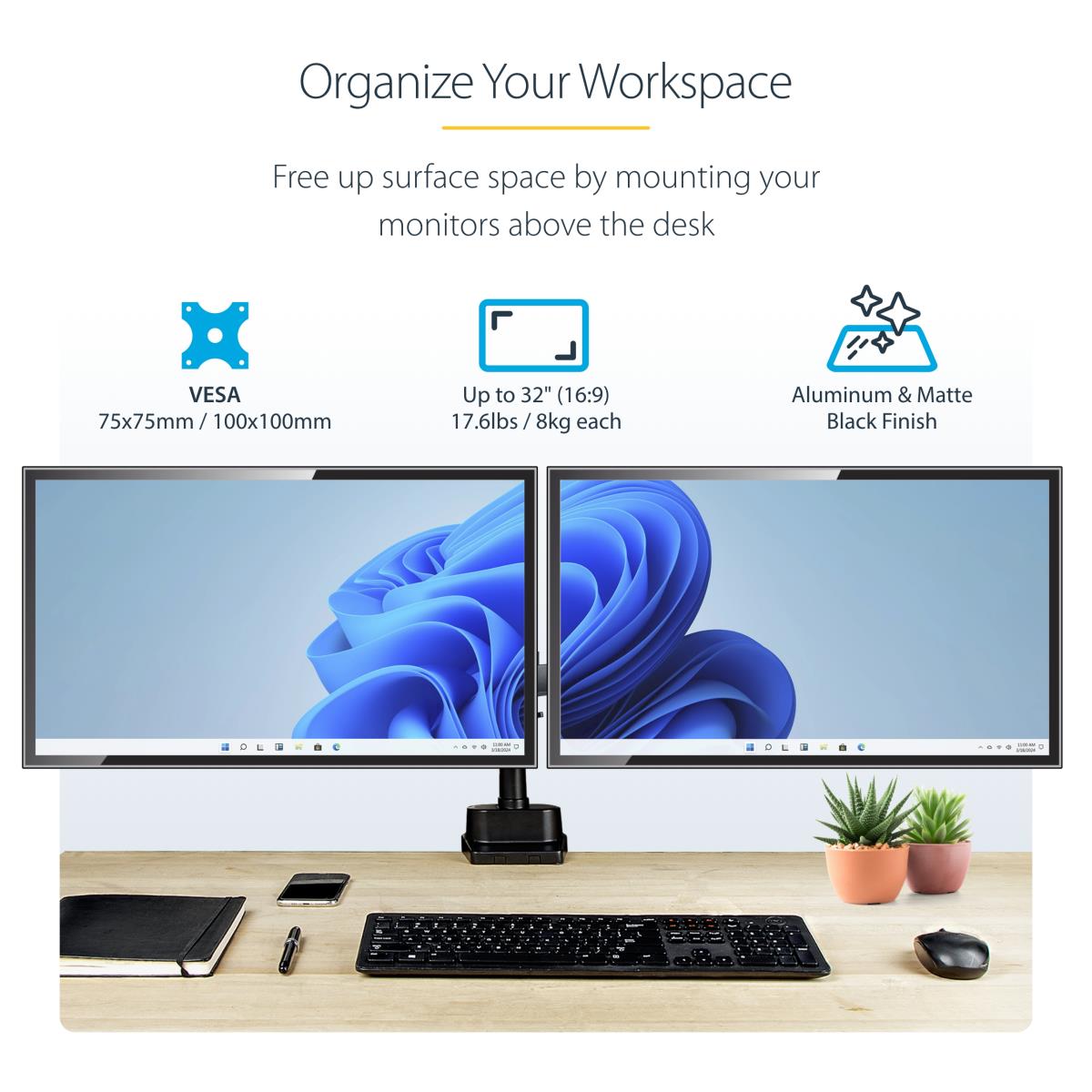 STARTECH.COM Monitor Mount - Desk Mount - 2 Monitor - Full Motion - Up To 32in - Aluminum & Matte Black