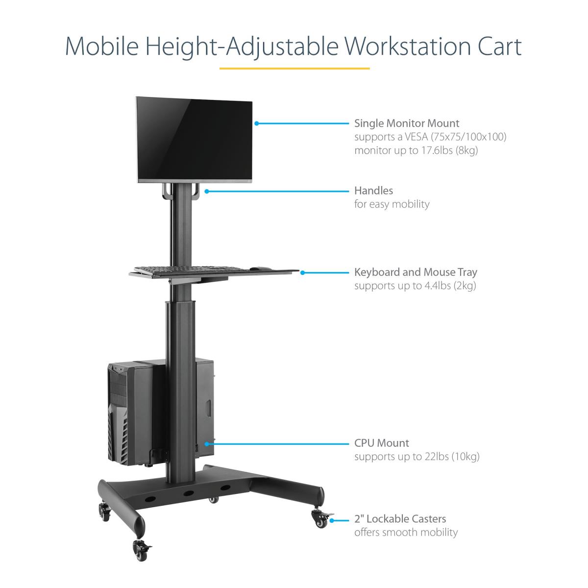 STARTECH.COM Mobile Workstation Cart With Monitor Mount And Cpu Holder