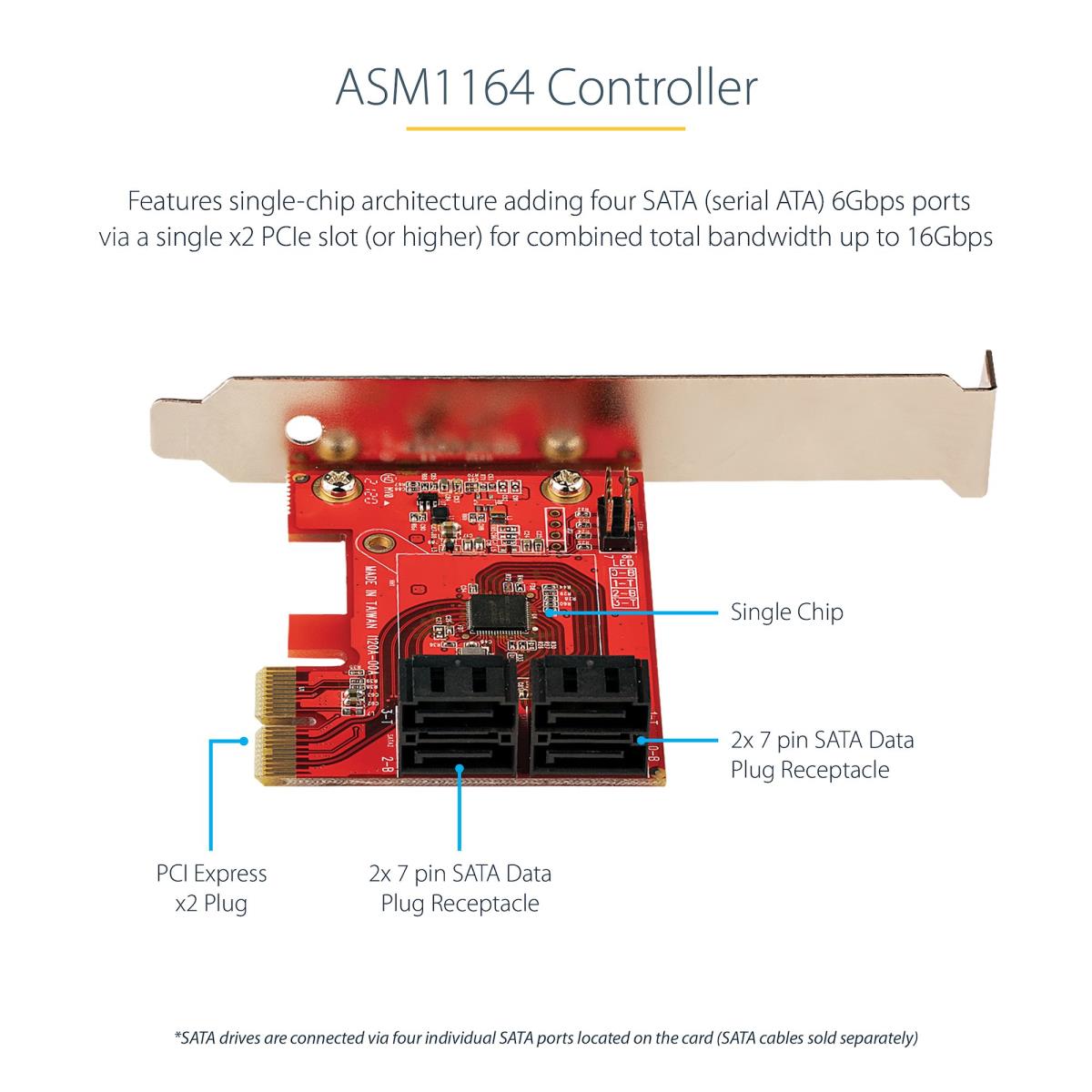 STARTECH.COM SATA Pcie Card - 4 Port Pcie SATA Expansion Card - 6gbps - Low/full Profile - Stacked SATA Connectors - Asm1164 Non-raid