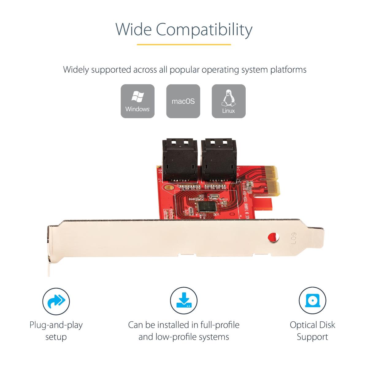 STARTECH.COM SATA Pcie Card - 4 Port Pcie SATA Expansion Card - 6gbps - Low/full Profile - Stacked SATA Connectors - Asm1164 Non-raid