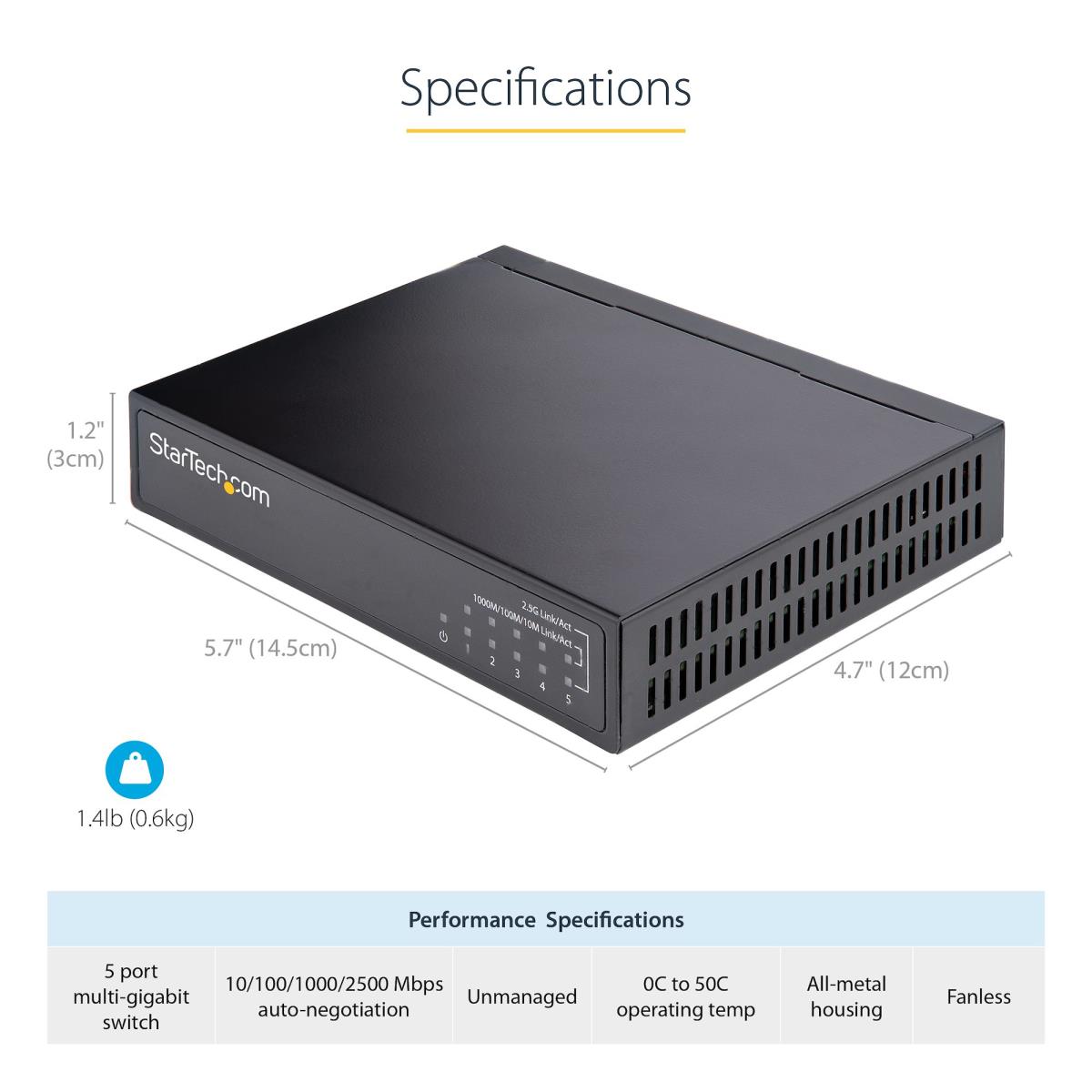 STARTECH.COM Unmanaged 2.5g Switch 5 Port - 10/100/1000mbps Devices - All-metal - Auto-mdix - 9k Jumbo